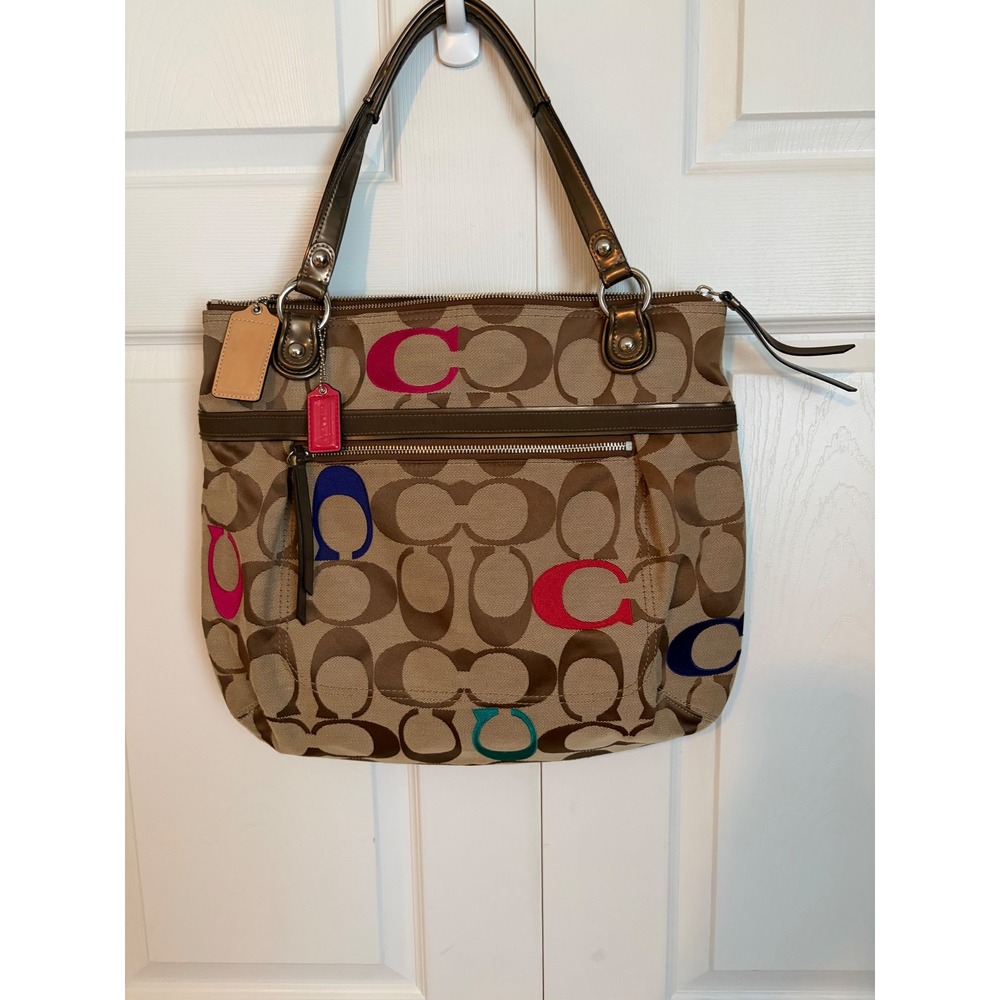 Coach Signature Multi-Color Logo Shoulder Bag Khaki Bronze 21184